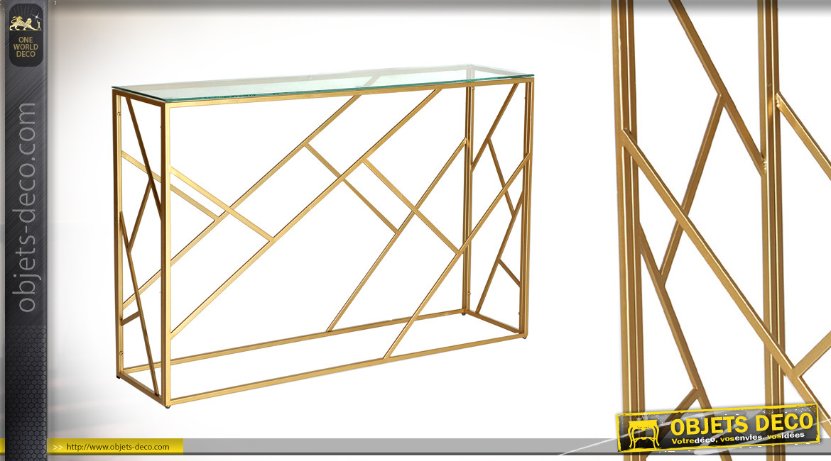 Console en métal doré et verre de style moderno design, ambiance géométrique aérienne, 115cm