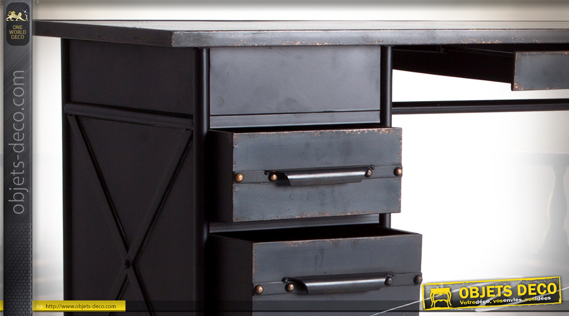 Bureau en métal finition charbon vieilli style meuble d'atelier, 4 tiroirs, 120cm