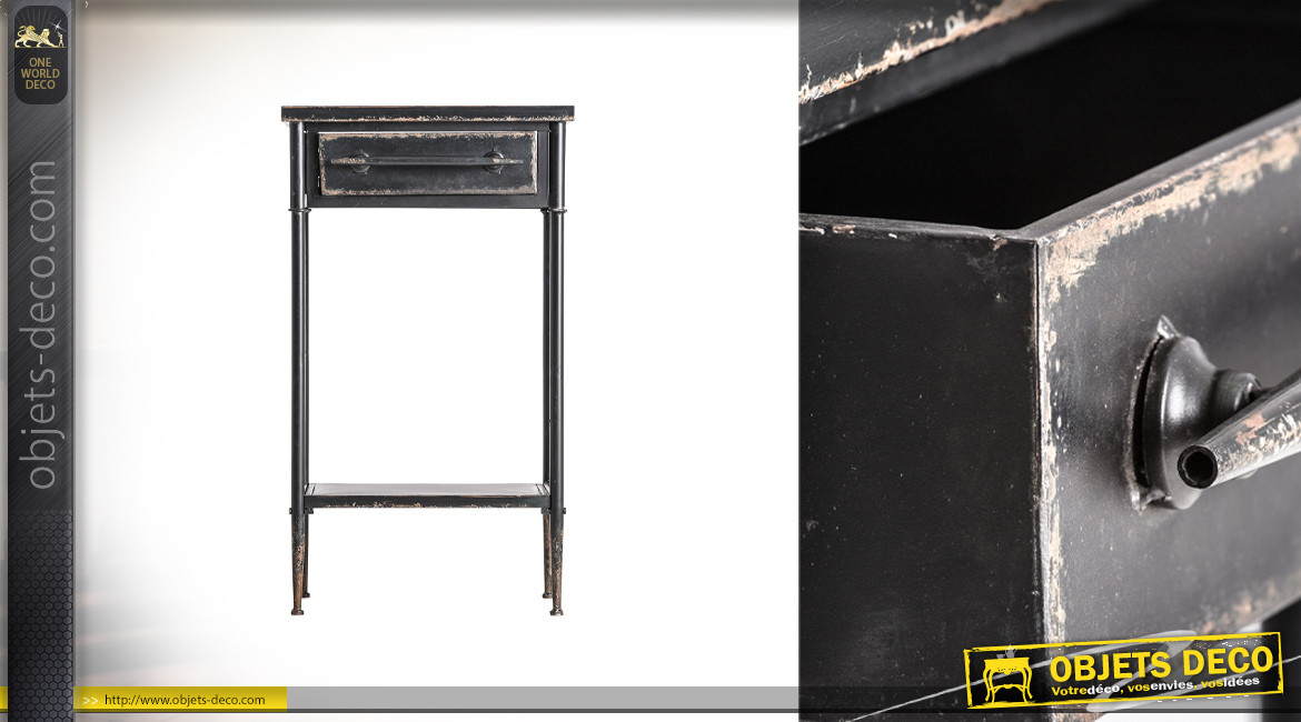 Table d'appoint en métal finition noir vieilli, 1 étagère et 1 tiroir, 70cm