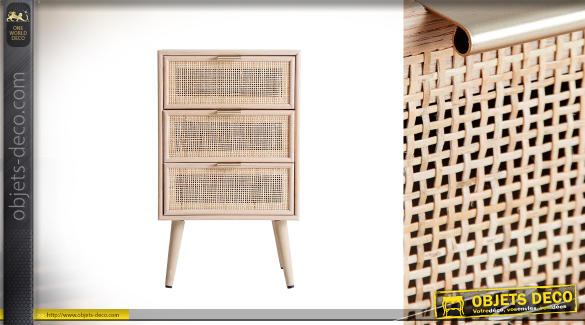 Meuble d'appoint en bois de pin style scandinave, 3 tiroirs habillés de jute finition clair, 71cm