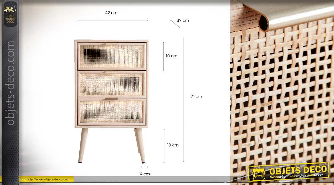 Meuble d'appoint en bois de pin style scandinave, 3 tiroirs habillés de jute finition clair, 71cm
