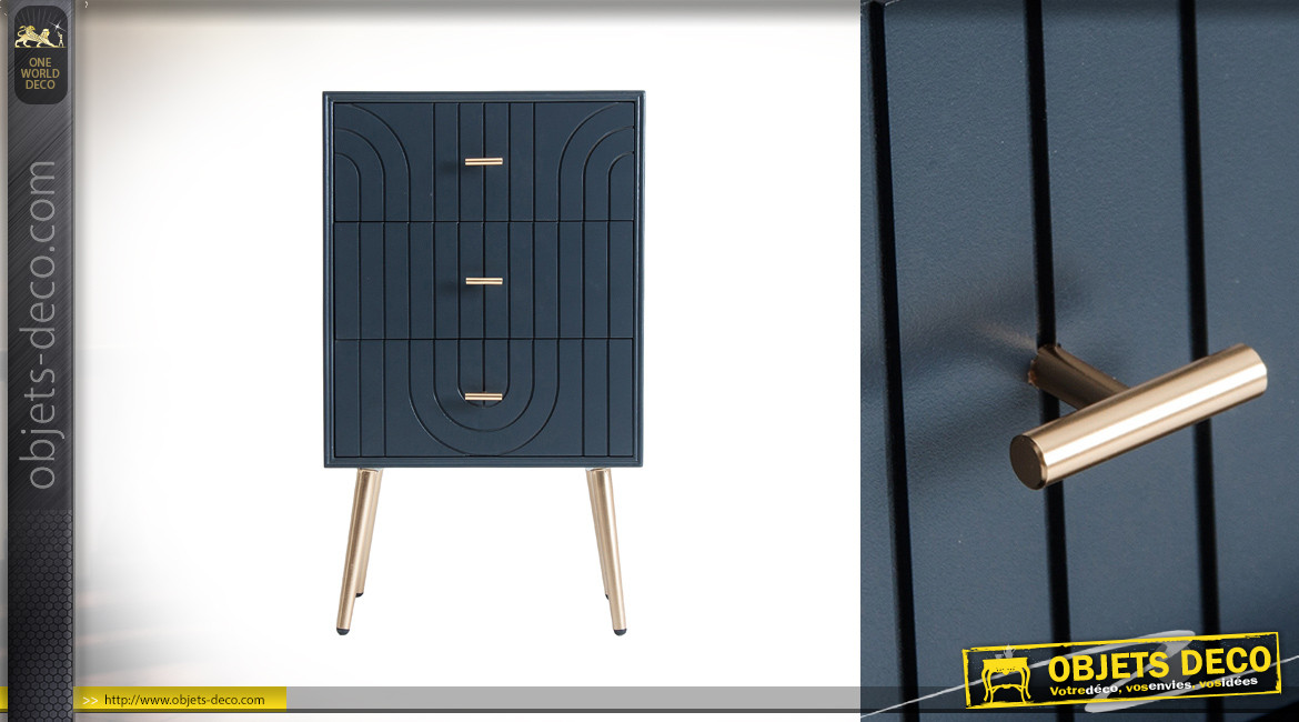 Meuble d'appoint à 3 tiroirs de style Art Déco, en bois de pin finition bleu minéral et pieds argentés, 75cm