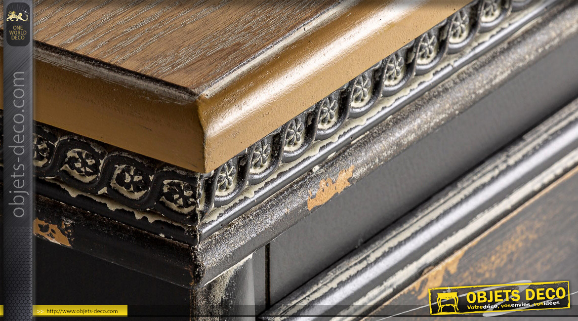Meuble d'appoint à 3 tiroirs en bois de sapin finition vieilli noir, ambiance vieille maison, 61cm