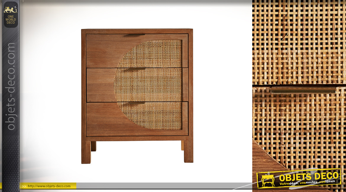 Table de chevet en bois de pin à 3 tiroirs, ambiance rétro scandinave, habillage en jute, 60cm