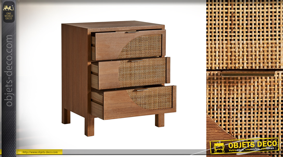 Table de chevet en bois de pin à 3 tiroirs, ambiance rétro scandinave, habillage en jute, 60cm
