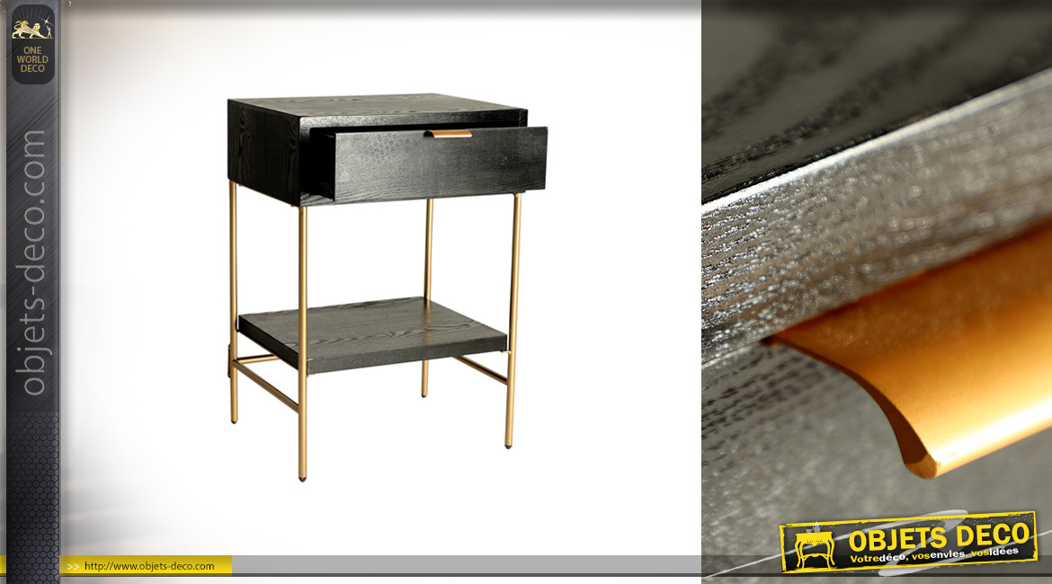 Table d'appoint en bois et métal style classico chic, finition noir et laiton doré, 70cm