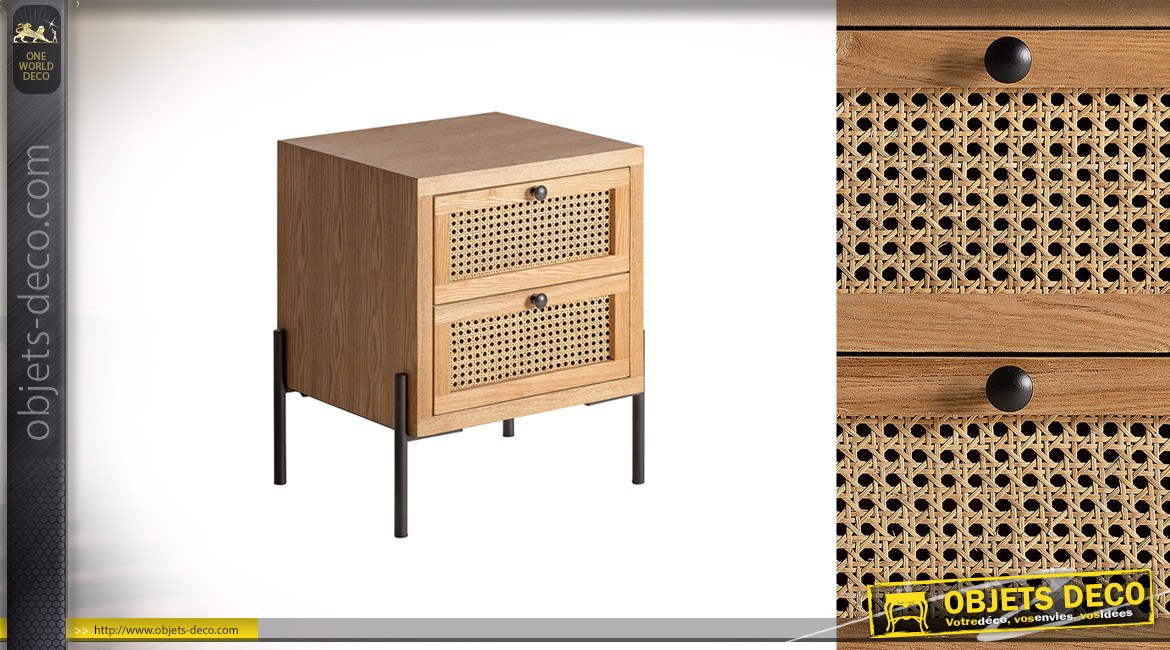 Table de chevet en bois, rotin et métal de style scandinave rétro, 2 tiroirs, 55cm