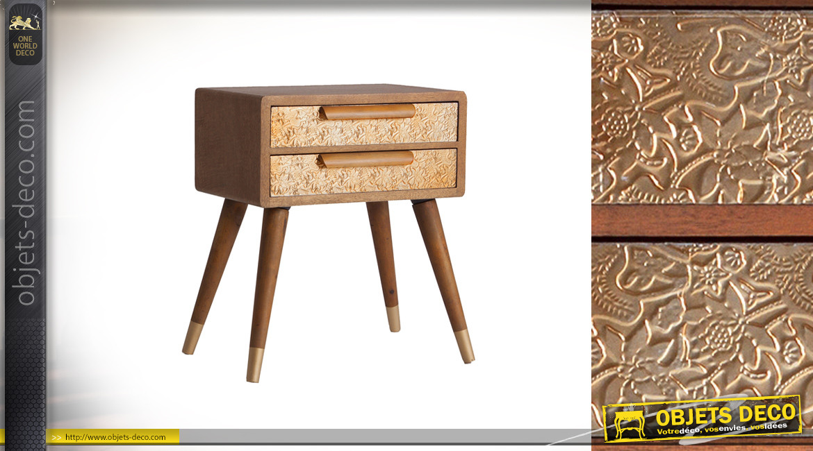 Table de chevet en bois à 2 tiroirs, habillage en alu avec relief finition doré brillant, 54cm