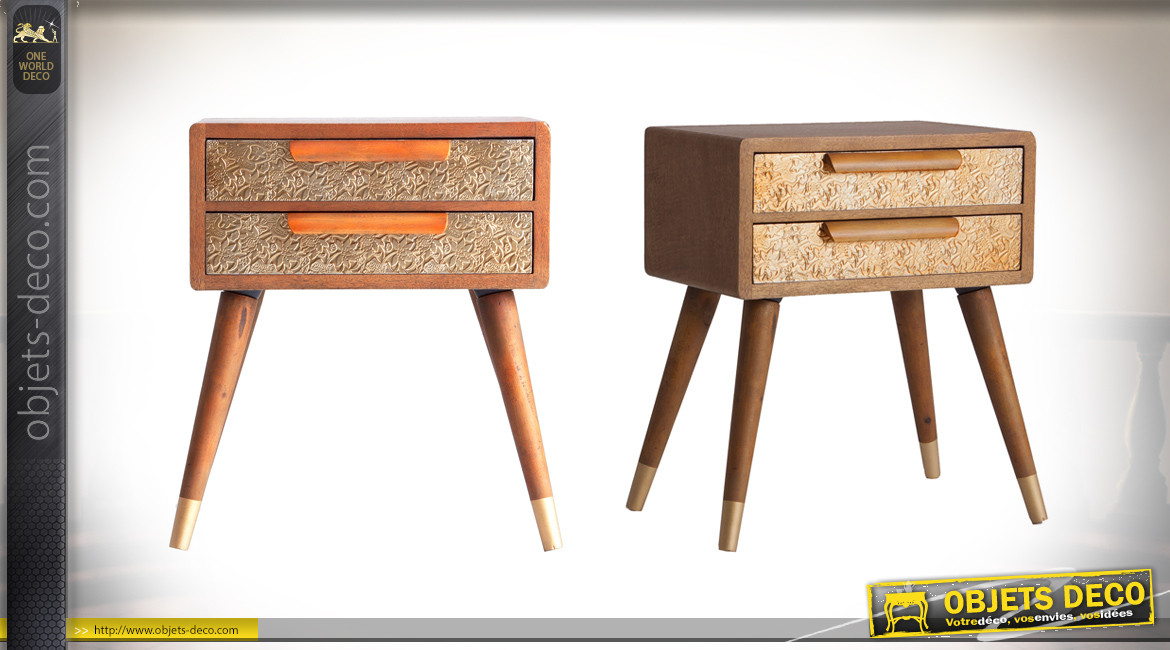 Table de chevet en bois à 2 tiroirs, habillage en alu avec relief finition doré brillant, 54cm