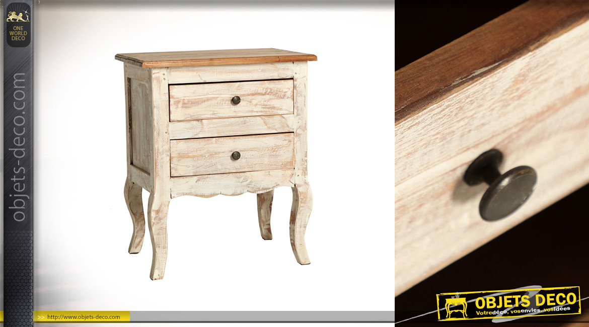 Table de chevet en bois finition blanchi usé, 2 tiroirs et pieds galbés, ambiance maison de campagne, 60cm