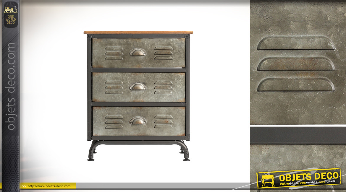Table de chevet de style industriel en bois et métal, 3 tiroirs effet vieux vestiaire, 66cm