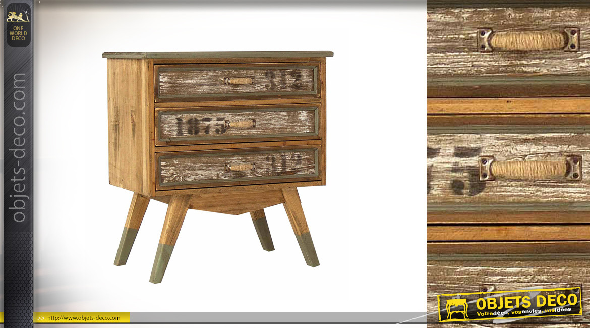Table de chevet en bois de sapin vieilli à 3 tiroirs, ambiance vieux chalet de montagne, 65cm