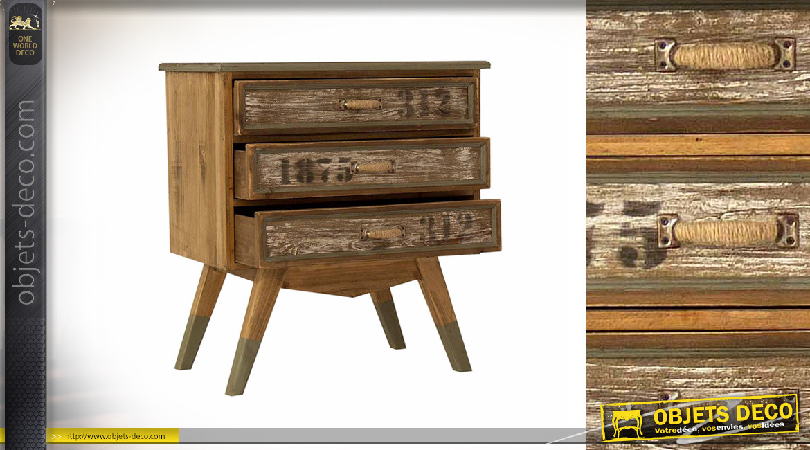 Table de chevet en bois de sapin vieilli à 3 tiroirs, ambiance vieux chalet de montagne, 65cm