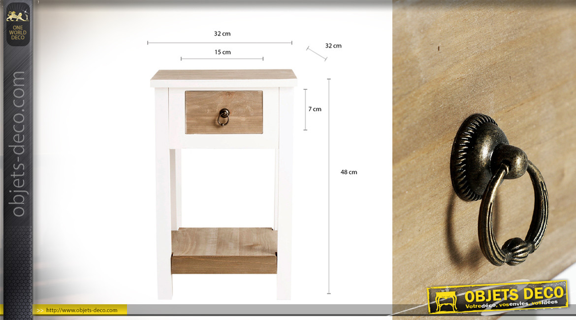 Table de chevet en bois finition blanc et naturel, style classique, 1 tiroir et 1 étagère, 48cm