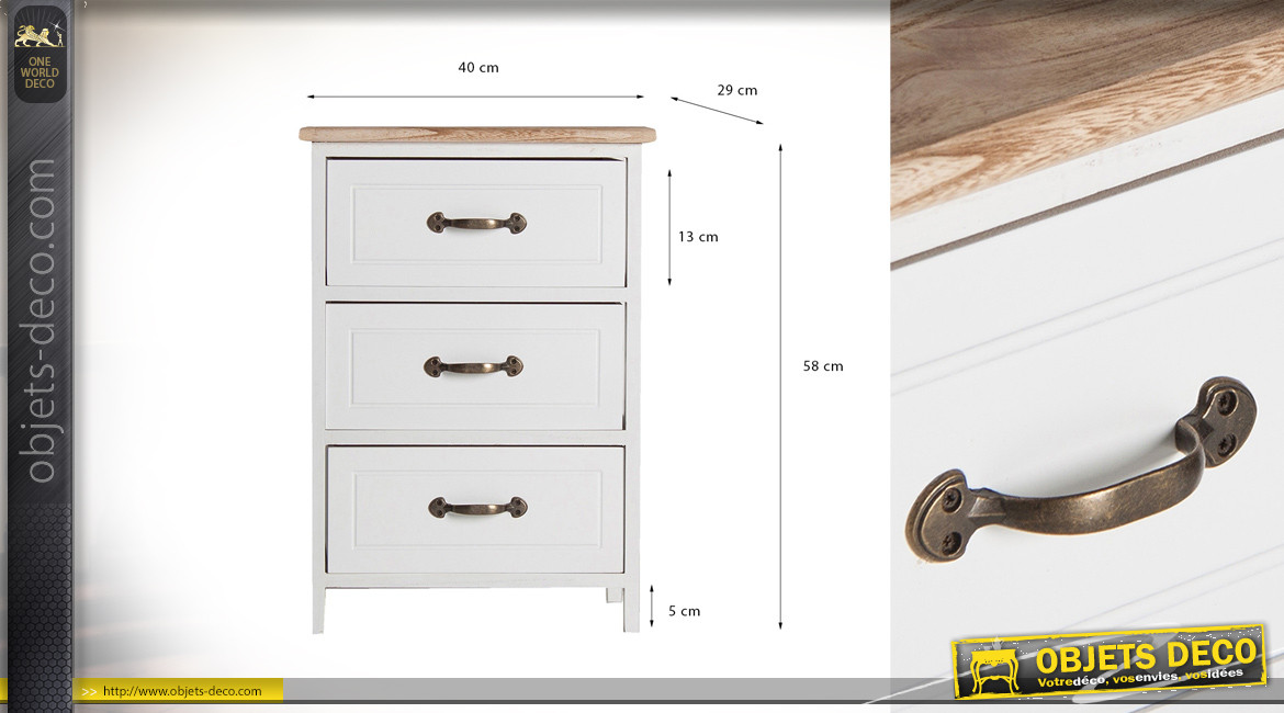 Table de chevet en bois finition blanc, 3 tiroirs, de style classique campagne, 56cm
