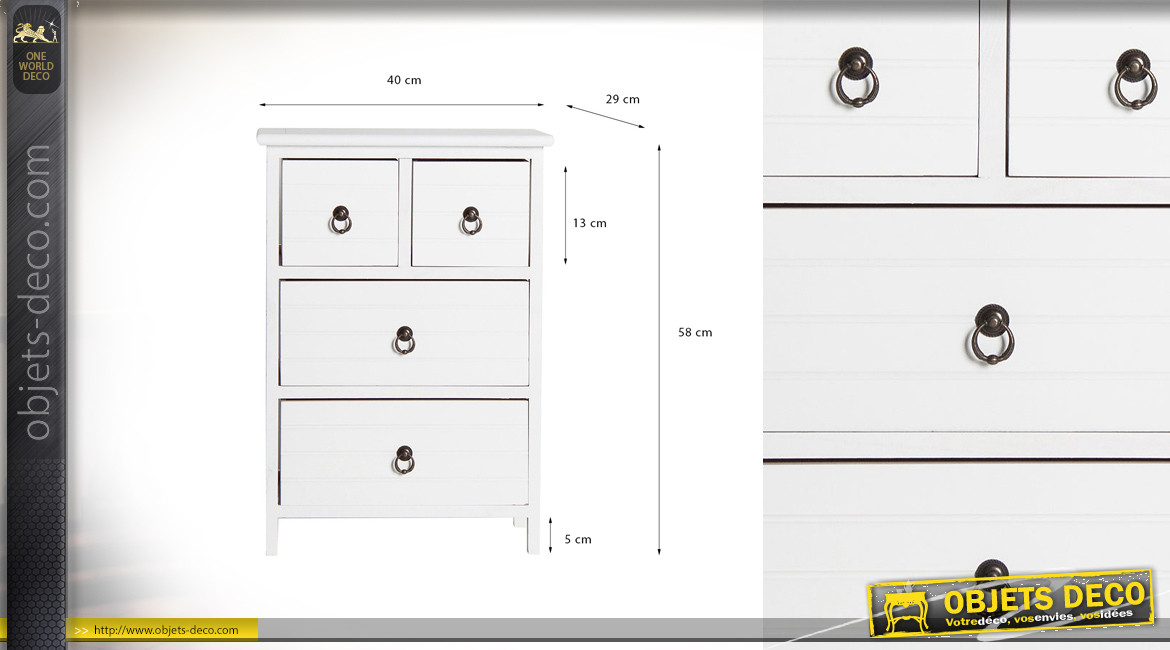 Table de chevet en bois finition blanc avec 4 tiroirs, ambiance classico chic, 58cm