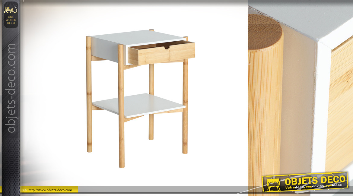 Table de chevet en bambou et bois, ambiance nature moderne avec tiroir, 55cm