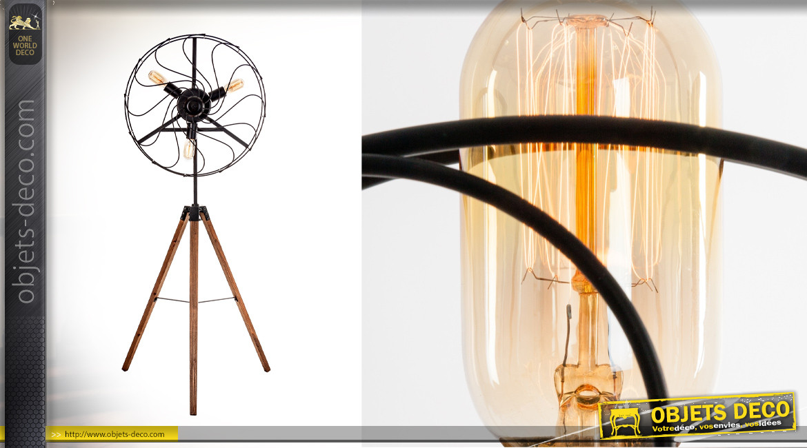 Lampadaire en bois et métal en forme de ventilteur ancien, ambiance soufflerie industrielle, 144cm