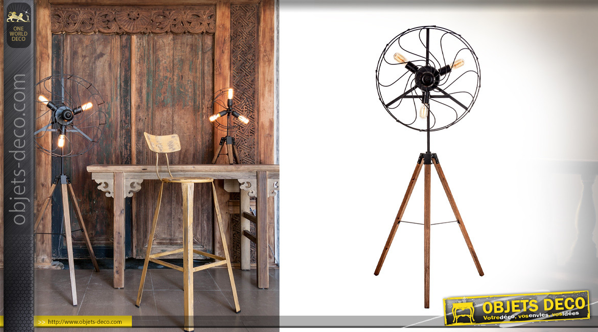 Lampadaire en bois et métal en forme de ventilteur ancien, ambiance soufflerie industrielle, 144cm
