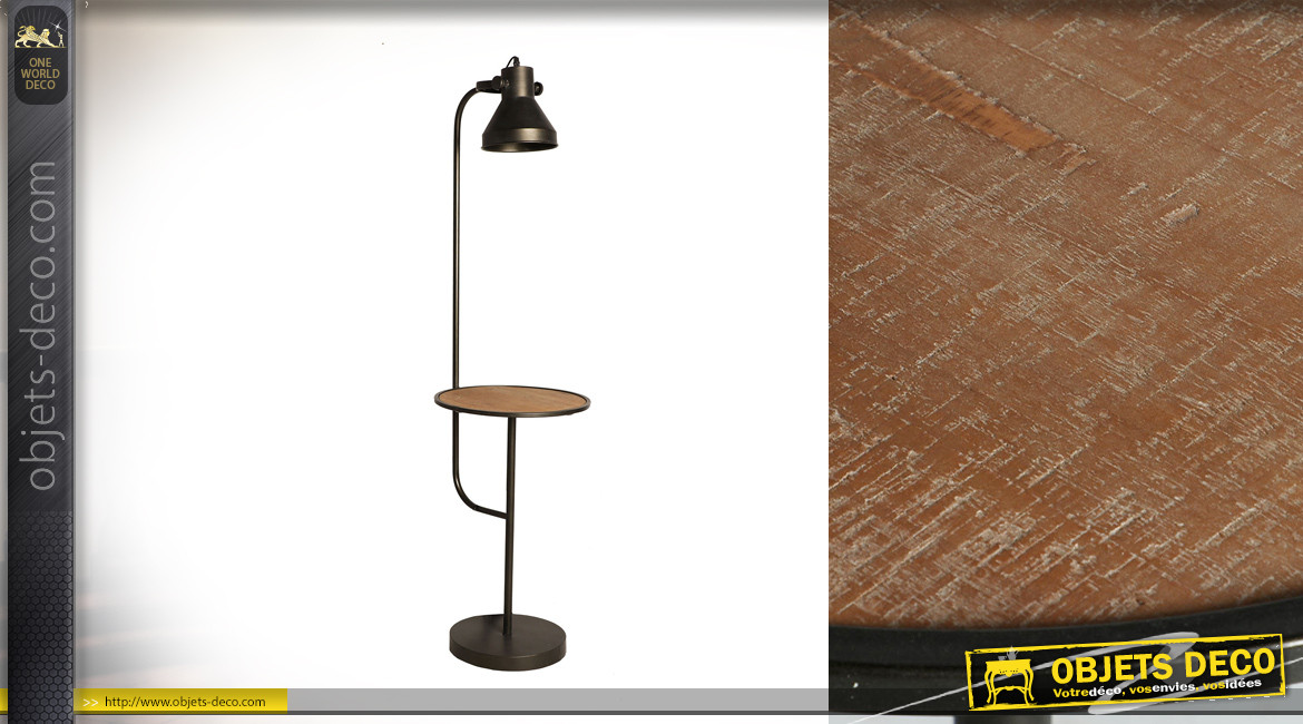 Lampadaire en métal et bois avec tablette ronde d'appoint, ambiance ancienne manufacture, 143cm