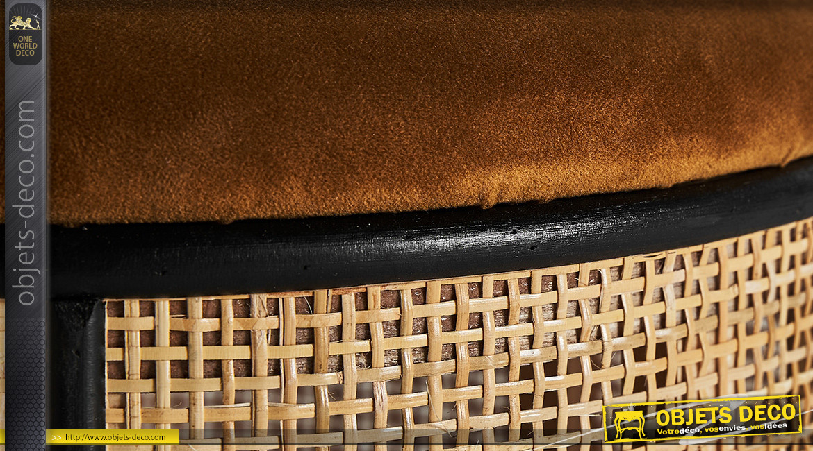 Repose pieds en pin et cannage, finition charbon brillant et velours tabac brun, ambiance vintage chic, Ø37cm