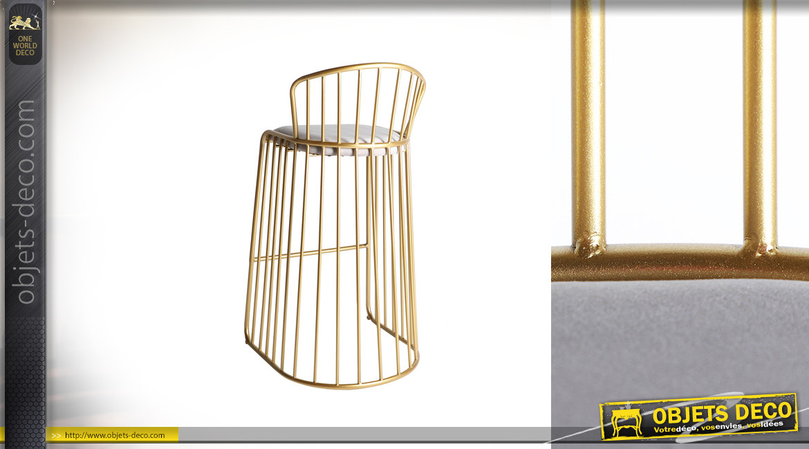 Tabouret de bar haut en métal et velours mauve glacé, structure cage dorée, ambiance chic, 97cm