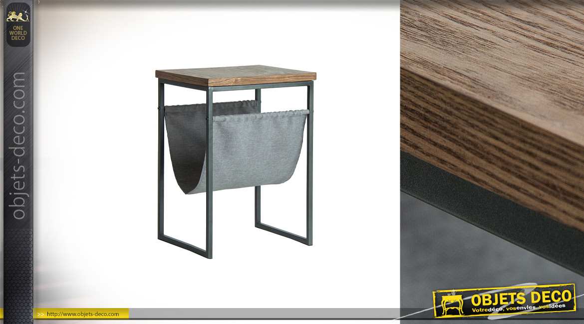 Table d'appoint en bois et métal avec range revues en tissus épais, ambiance moderne, 56cm