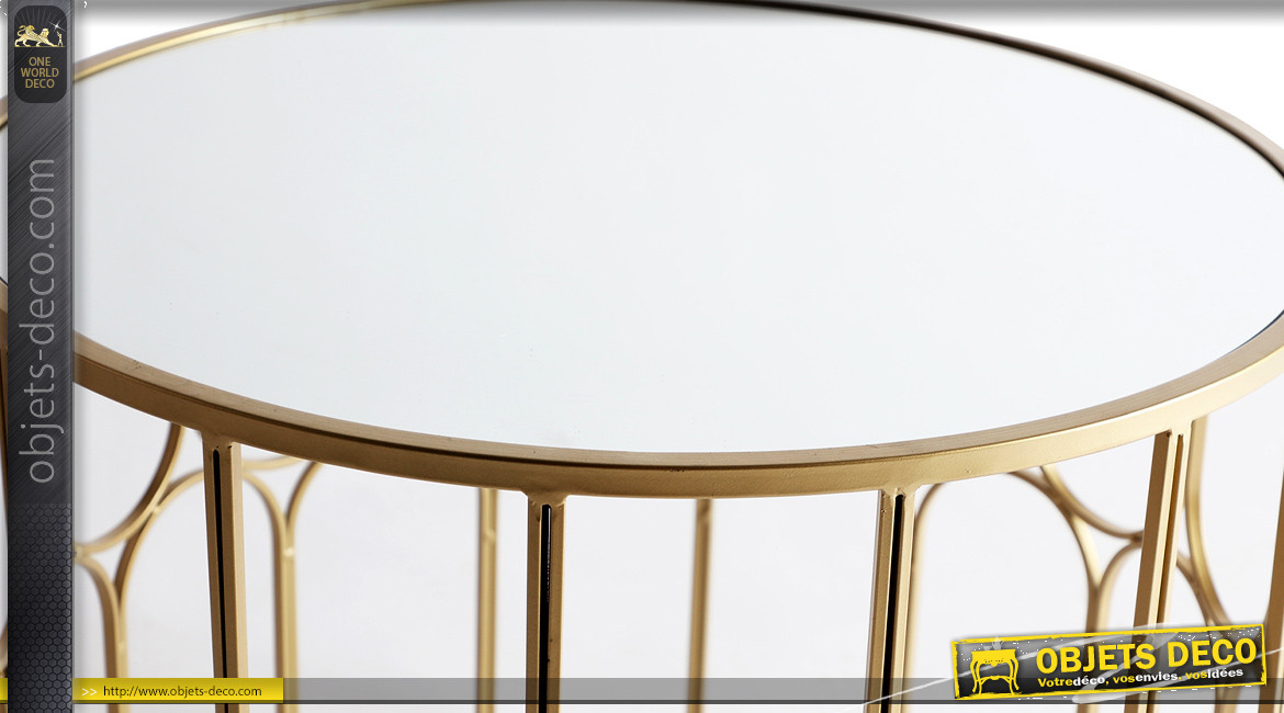 Table basse en métal et plateau miroir, finition doré effet brossé, ambiance chic géométrique, Ø60cm