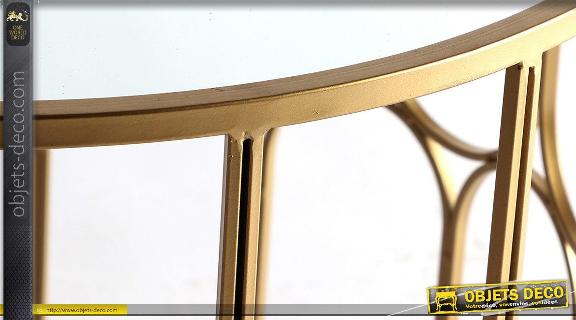 Table basse en métal et plateau miroir, finition doré effet brossé, ambiance chic géométrique, Ø60cm