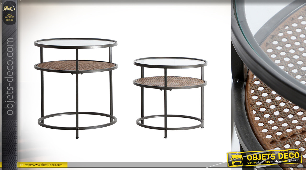 Série de 2 tables basses rondes en métal finition charbon, plateau en verre épais, ambiance rétro chic, Ø58/51cm