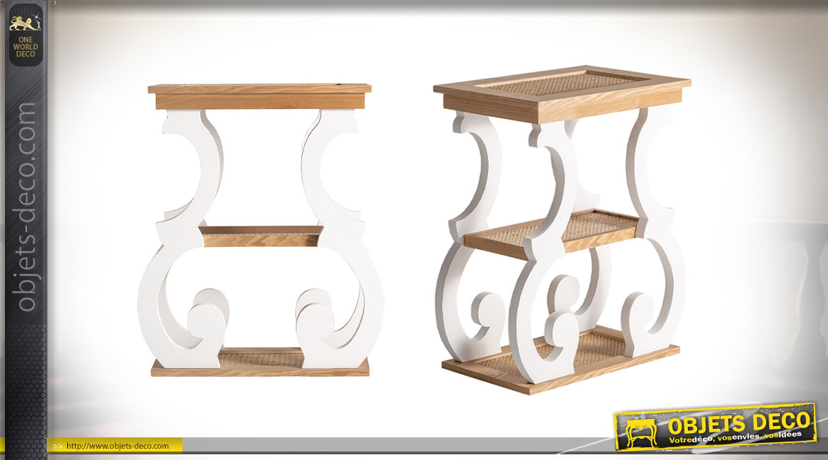 Table d'appoint en bois et rotin, finition blanc et naturel, 3 niveaux de rangement, 75cm
