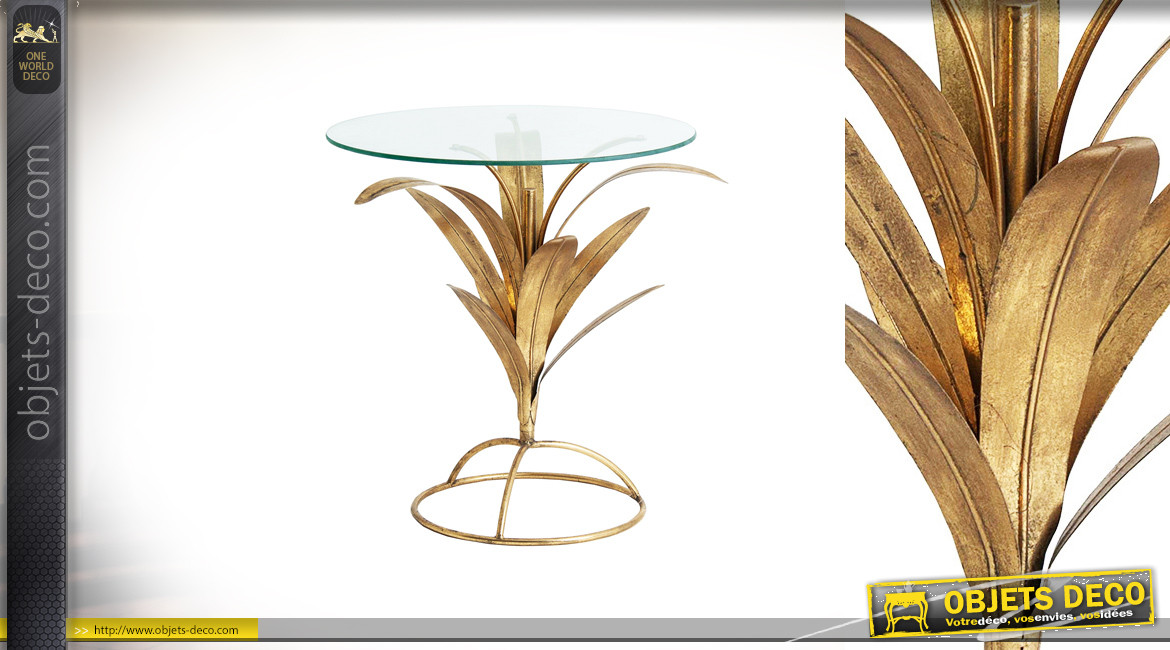 Table d'appoint en métal doré et plateau en verre, base circulaire ornée de feuilles, ambiance chic, Ø60cm