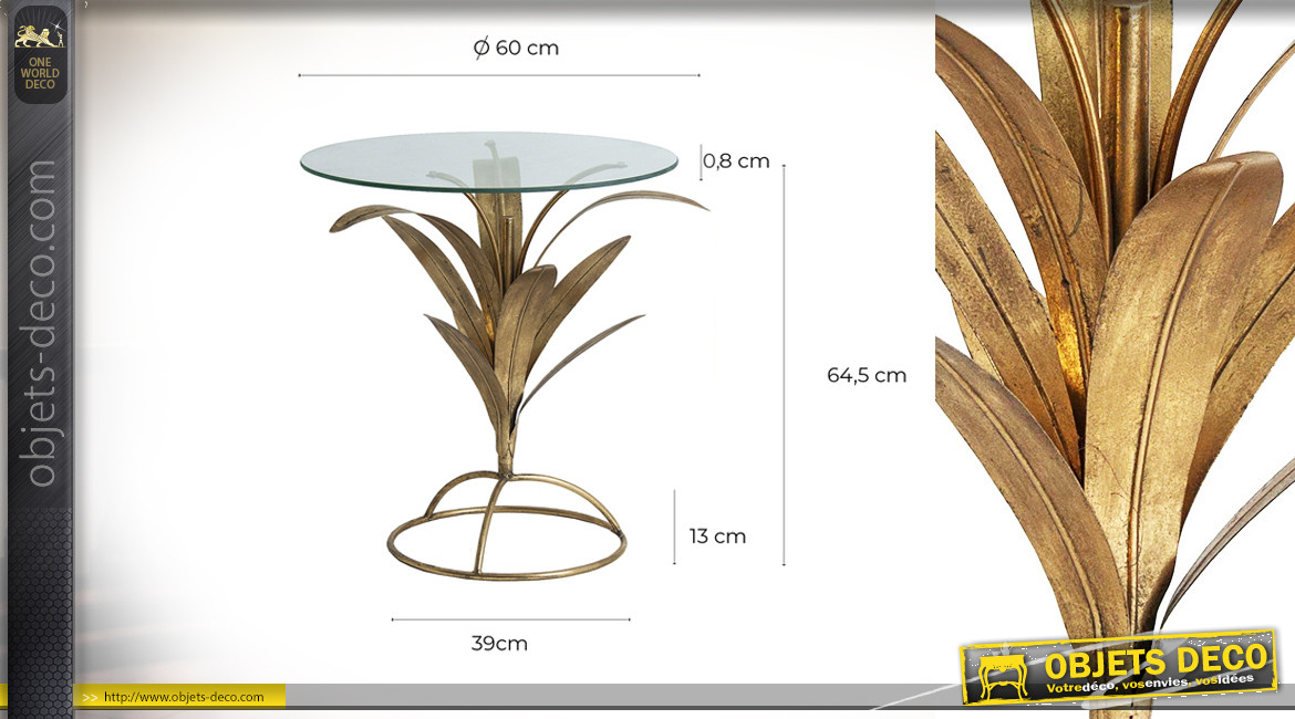 Table d'appoint en métal doré et plateau en verre, base circulaire ornée de feuilles, ambiance chic, Ø60cm