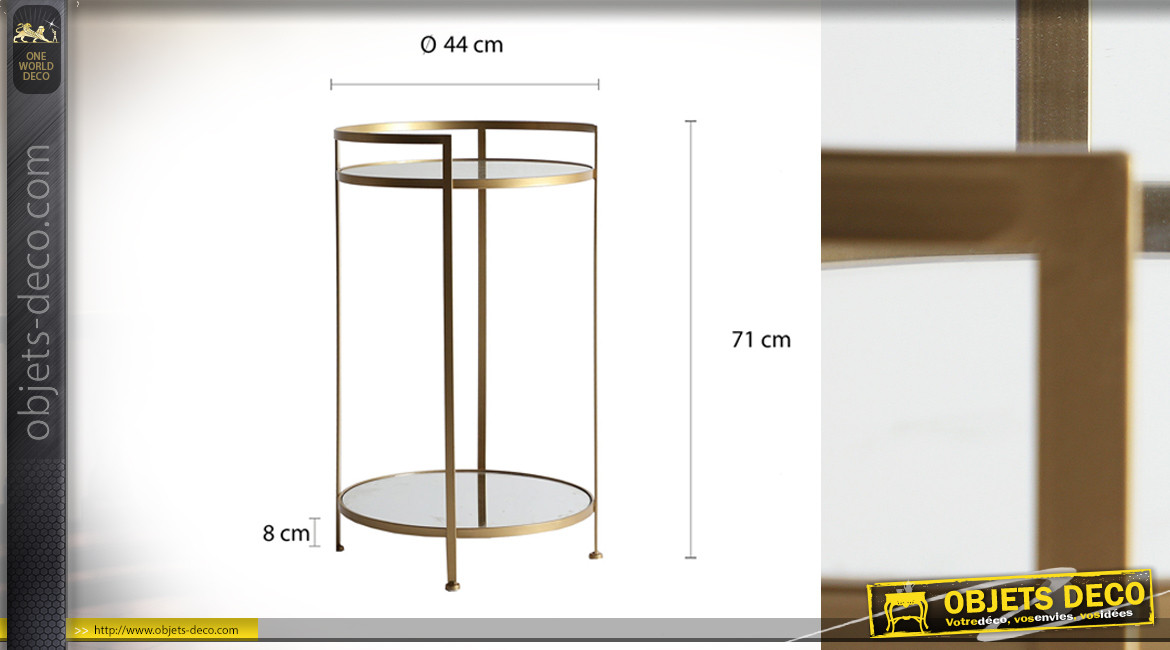 Table d'appoint ronde en métal finition doré et plateaux en verre miroir, ambiance chic, Ø44cm