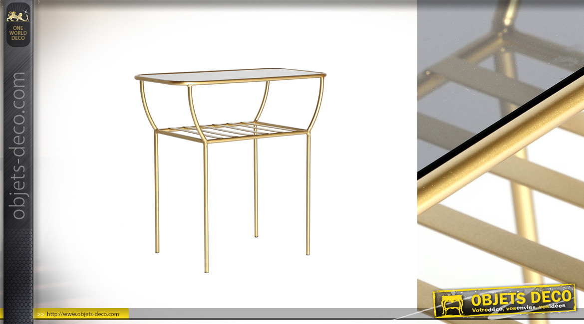 Table d'appoint rectangulaire style porte bagages en métal doré et verre, ambiance chic, 60cm