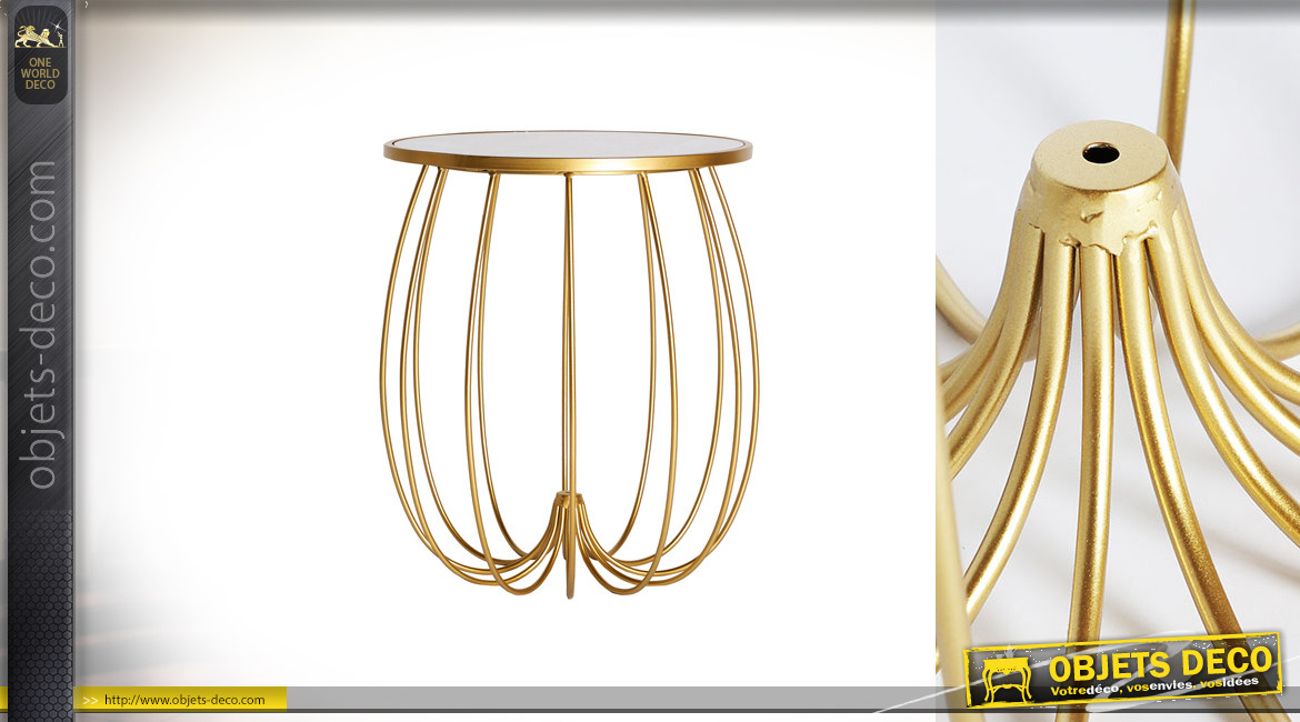 Table d'appoint ronde en métal finition or brossé, plateau en verre miroir, forme de cage dorée, Ø43cm