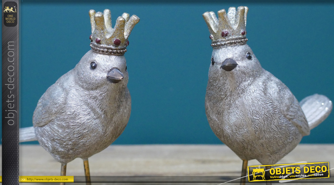 Série de 2 oiseaux en résine et métal finition argenté vieilli, avec couronnes, 13cm