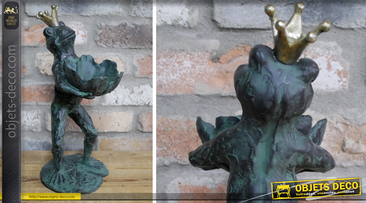 Statuette de Prince Grenouille en résine effet vieux métal finition bronze ancien, 39cm