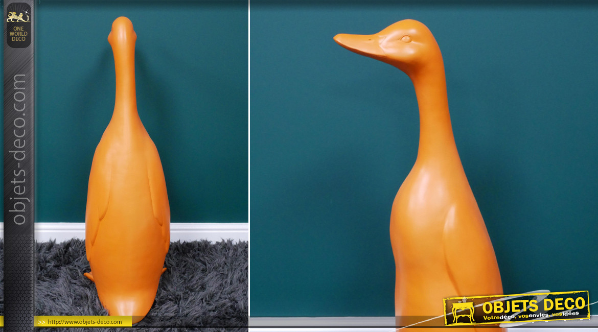 Gédéon, grande sculpture de canard en résine finition orange mandarine, ambiance campagne moderne, 92cm