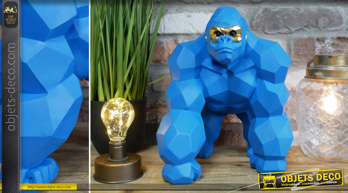 Gorille origami en résine finition bleu céleste, ambiance contemporaine moderne, 31cm