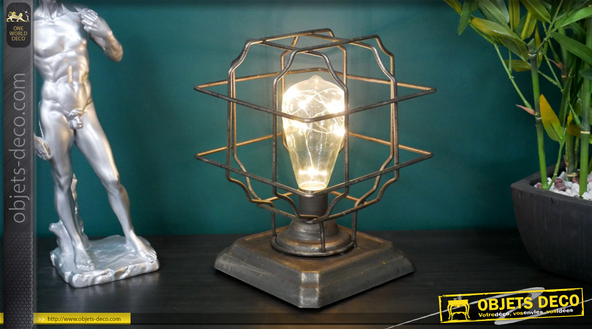 Lampe d'appoint en métal oxydé, ampoule LED à piles, ambiance indus, 24cm