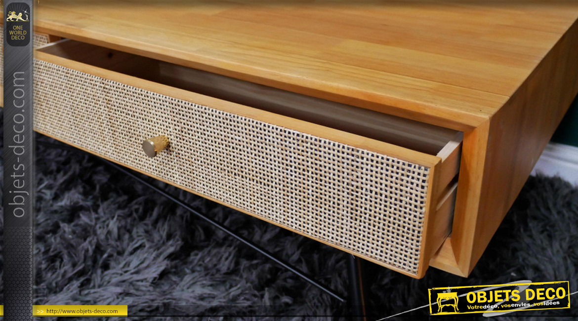 Table basse en bois rotin et pieds en métal finition charbon, 4 tiroirs, ambiance scandinave moderne, 120cm