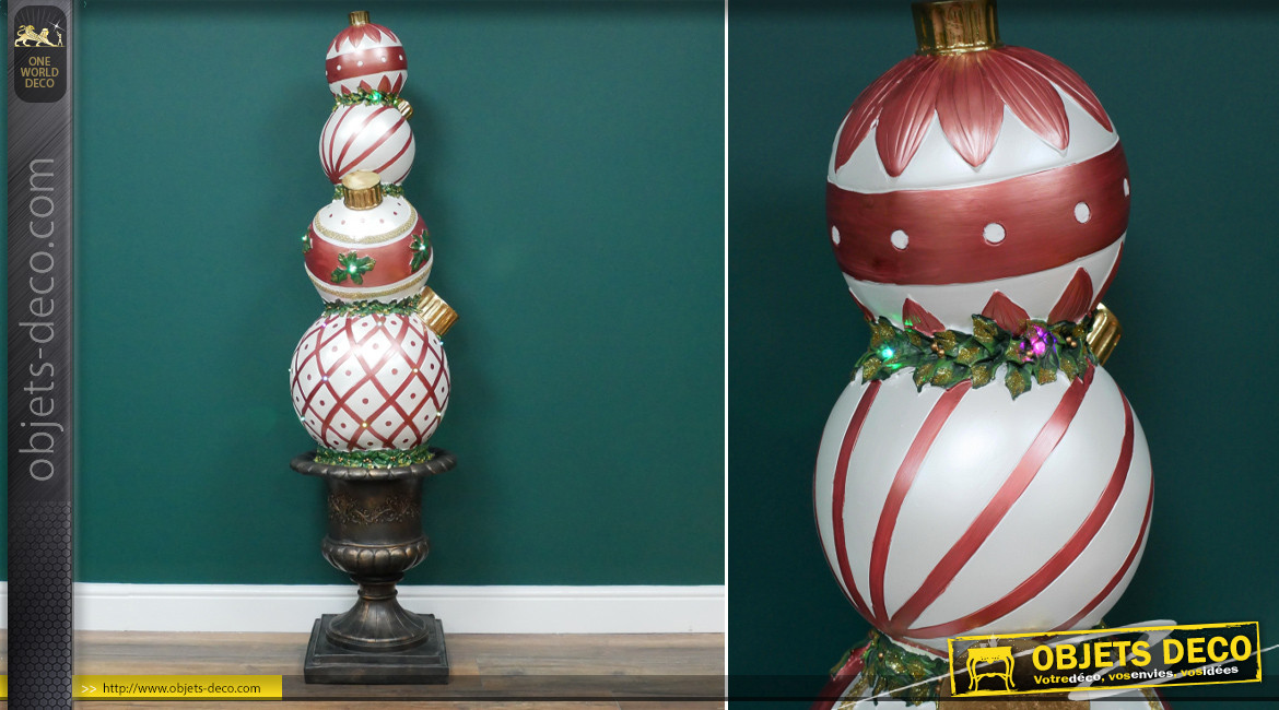 Sculpture de Noël en résine, grand vase Médicis avec superposition de boules déco lumineuses, 156cm