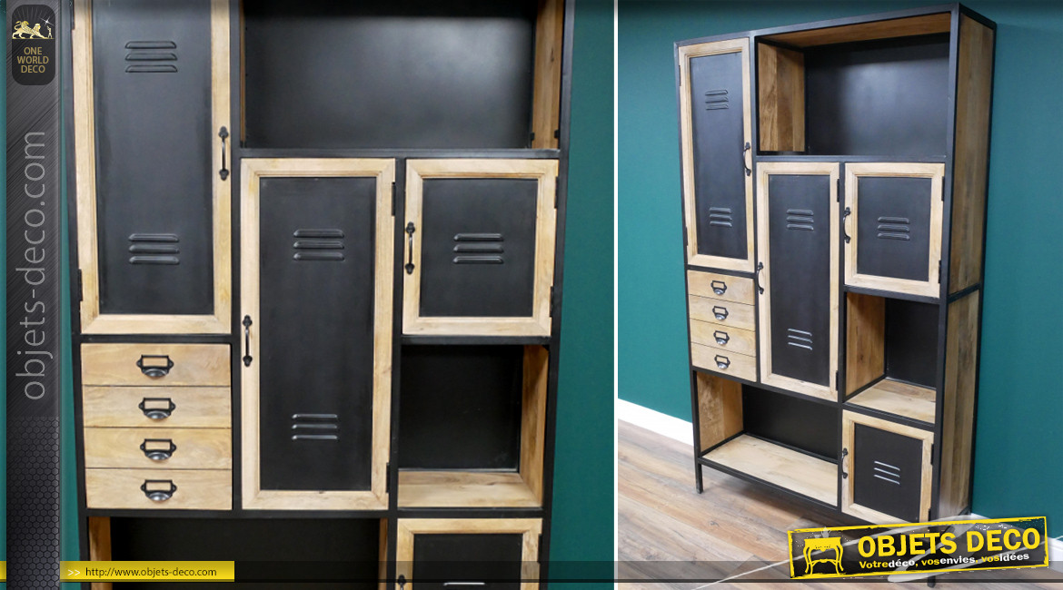 Grand meuble de rangement avec portes et tiroirs, en acier noir et bois de manguier brut, ambiance indus, 204cm