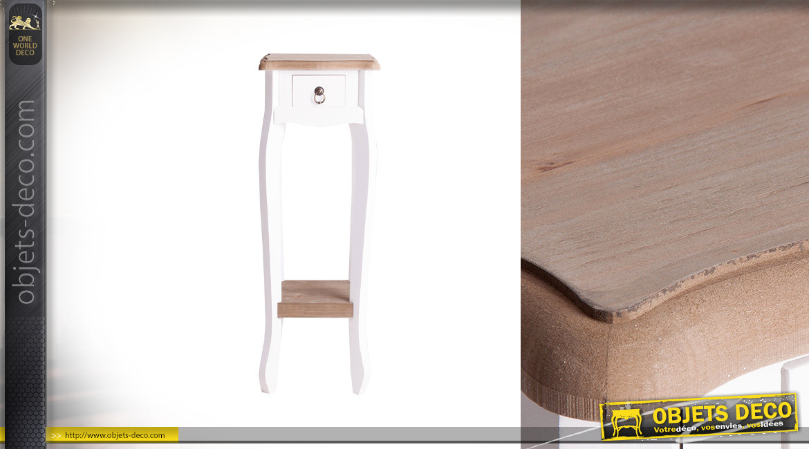 Sellette en bois finition naturel et blanc, ambiance campagne chic, 1 tiroir, 79cm