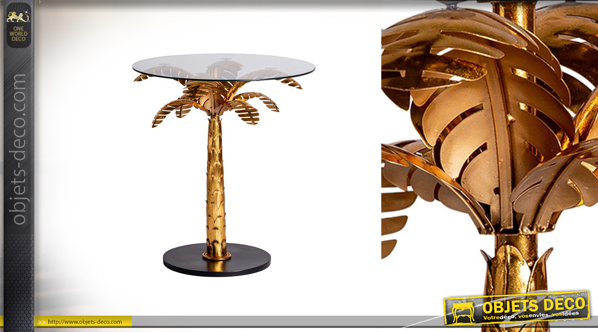Table haute d'appoint ronde avec pied palmier finition doré ancien, plateau en verre épais, Ø65cm