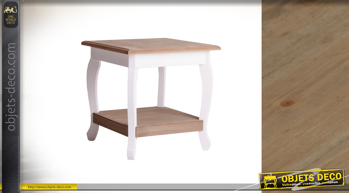 Table d'appoint carrée en bois finition blanc et naturel, pieds galbés, de style classique chic, 42cm