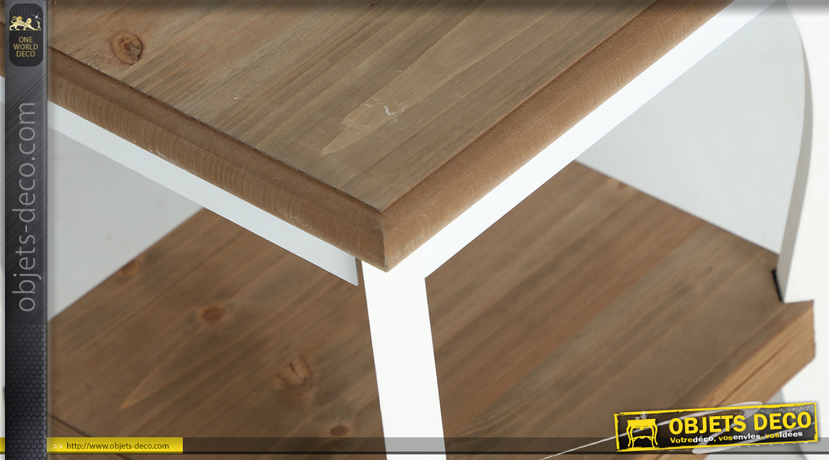 Table d'appoint carrée en bois finition blanc et naturel, pieds galbés, de style classique chic, 42cm