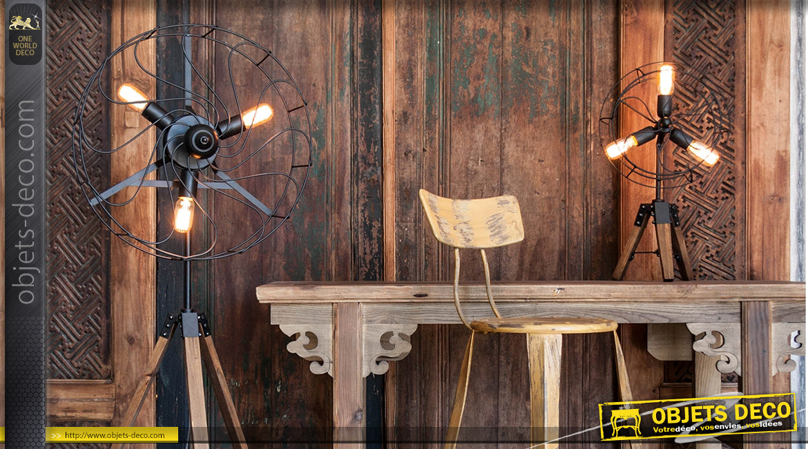 Lampe de table en forme de ventilateur en bois et métal, ambiance aération industrielle, 3 feux, 55cm