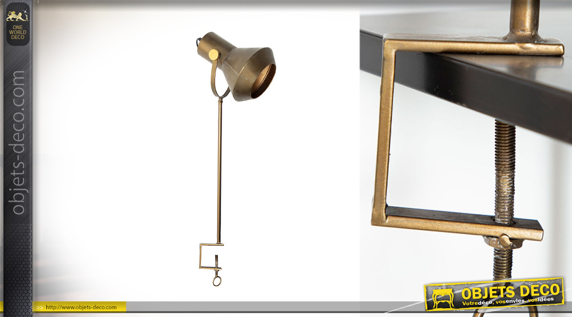 Lampe de bureau en métal finition laiton effet brossé, à visser sur une table, ambiance indus manufacture, 89cm